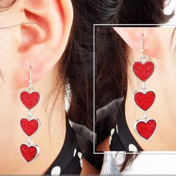 Heart Earrings Dangle Drop Dangling Ladies Girls Red Valentines Jewelry Gift - Picture 5 of 8